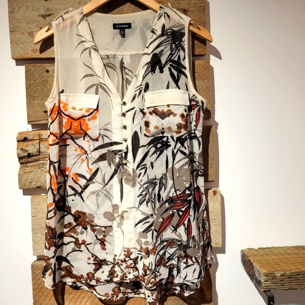 Le Chateau Women's Floral Sleeveless Top - Cream and Orange